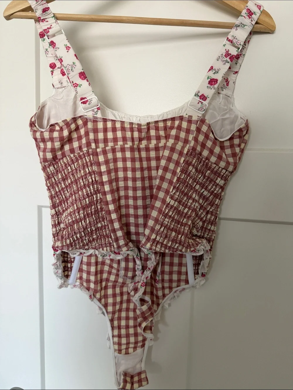 For Love & Lemons Red and Cream Gingham Lace-Up Bodysuit Georgia Bodysuit size L - Picture 9 of 12